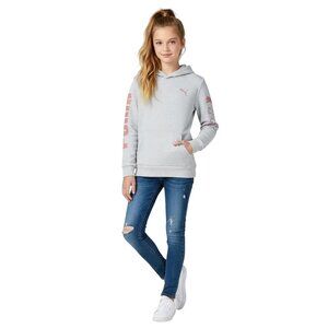 PUMA Light Gray Pink Graphic Print Rebel Fleece Hoodie Sweater Girls Size XL